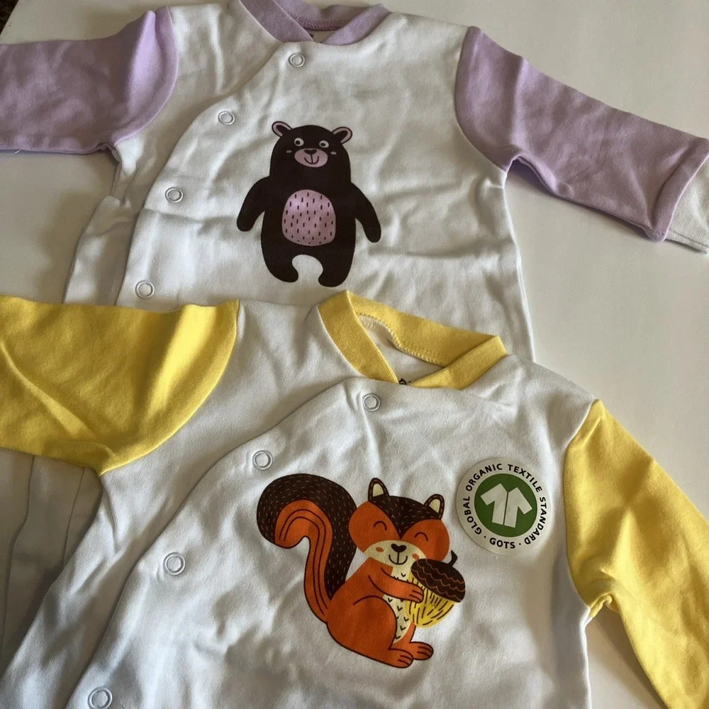Jimonda Footie Sleepers Infant NB Yellow Lavender NEW 2pk Bear Squirrel Woodland